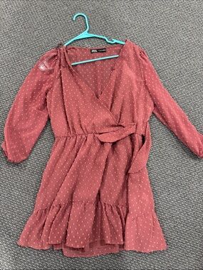 ZARA Rust-Tone Polka Dot Wrap Dress with Belt